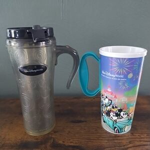 Disney World Tumbler Mug Cup Set Mickey Travel Handle Vtg Lid Clear Colorful